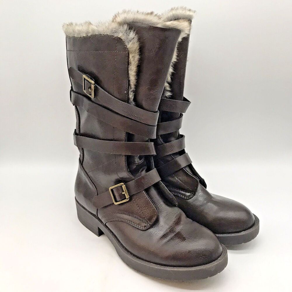 SO® Kohl's Grass Brown Women's 6.5M Faux Fur Lined Memory Foam Strappy Boots
